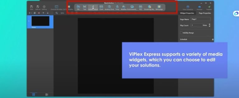 ViPlex Express solution editing interface with media widgets and page templates