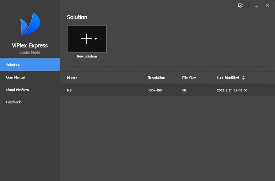 ViPlex Express Studio mode start page with regular screen and extra long screen options