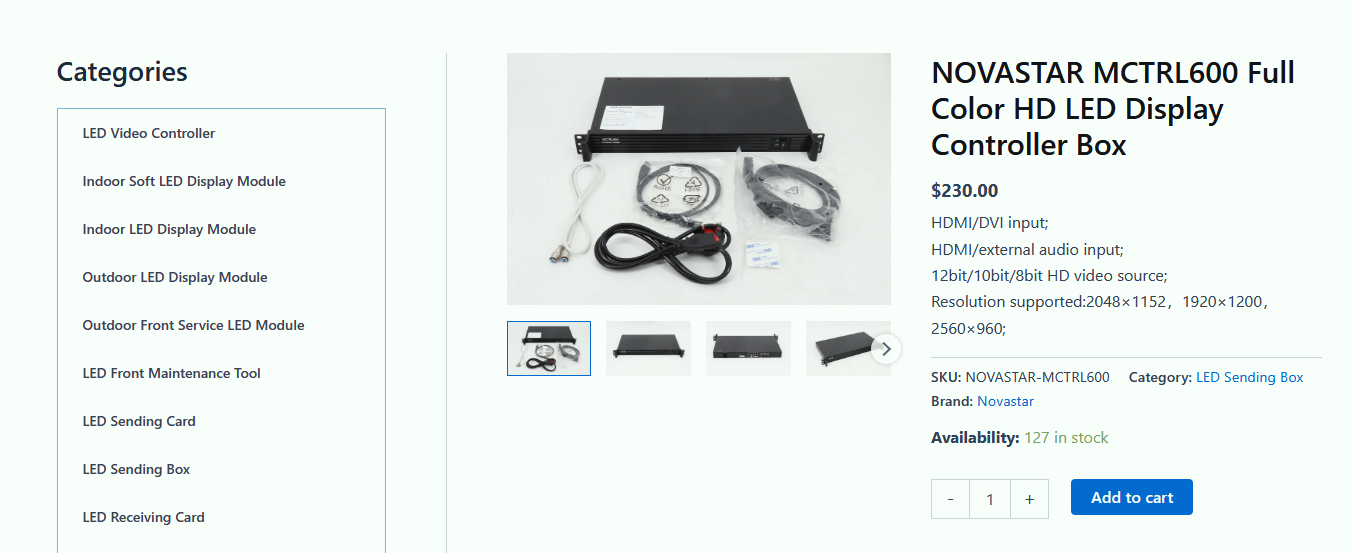 NOVASTAR MCTRL600 full color LED display controller box with attached cables and power adaptor