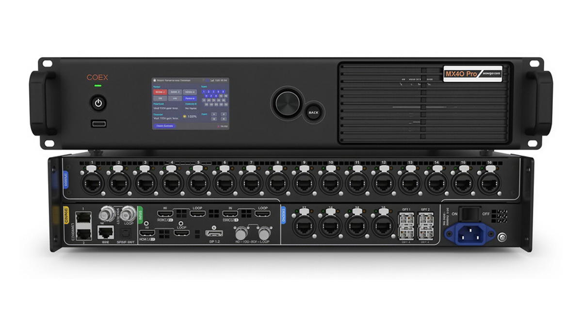 Front and rear comparison of the NovaStar MX40 Pro LED display controller with 20 Ethernet and four optical outputs