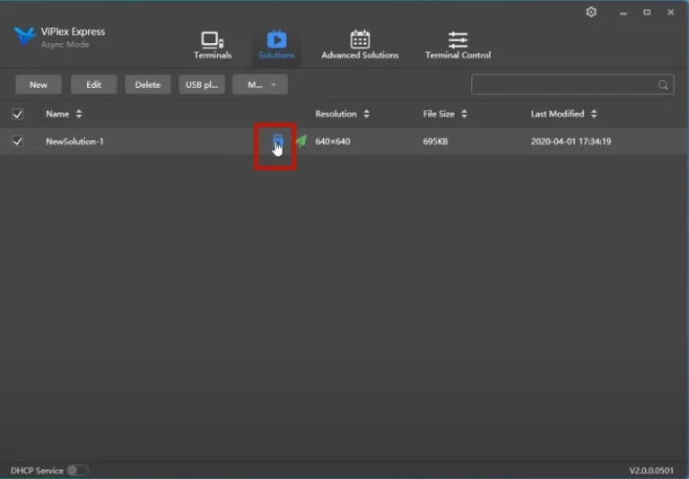 ViPlex Express USB solution export icon highlighted in the solution list