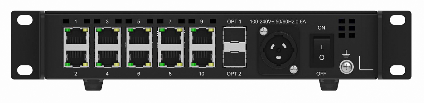 NovaStar CVT10 fiber converter rear panel with OPT1 and OPT2 10G optical ports and ten Gigabit Ethernet ports