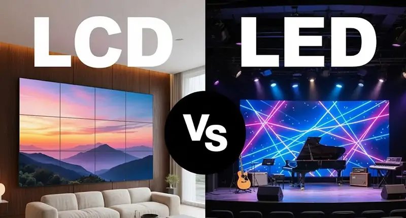 LCD vs LED displays tiled LCD video wall and a large LED stage screen