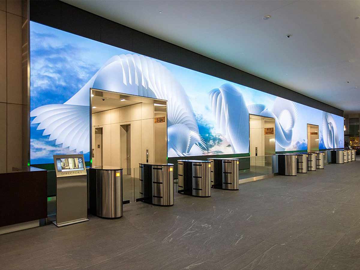 Indoor LED display installation illustrating a large modular screen