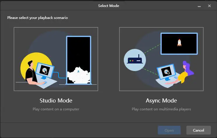 ViPlex Express working mode dialog with Studio mode and async mode