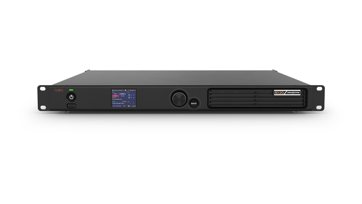 Front view of the NovaStar MX20 LED display controller with display screen rotary knob power button and 1U rack chassis