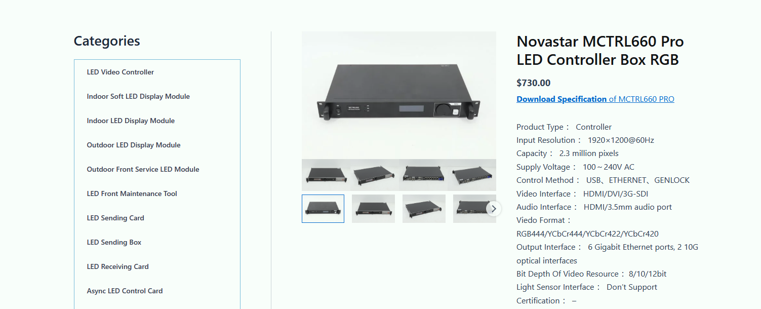 Novastar MCTRL660 Price LED Display Manufacturer in China HonghaiLED Front view of the Novastar MCTRL660 Pro RGB LED controller box with a row of thumbnail images beneath