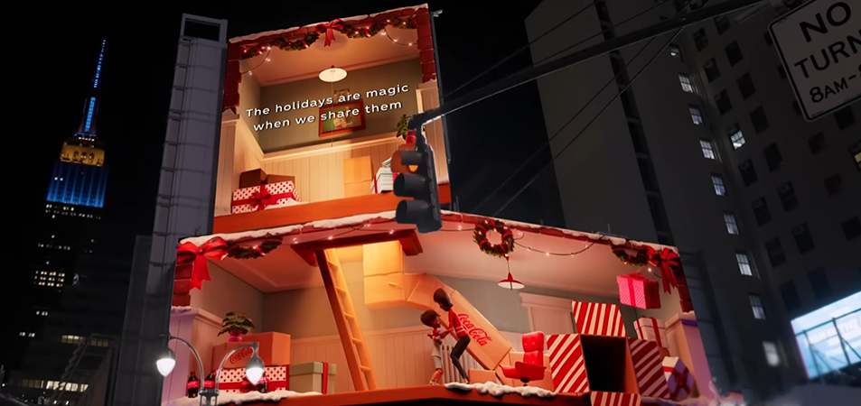 3D billboardCoca Cola 3D Billboard Times Square LED Display Manufacturer in China HonghaiLED Nighttime city street with a twostory holiday display of wrapped gifts and lights featuring the slogan The holidays are magic when we share them