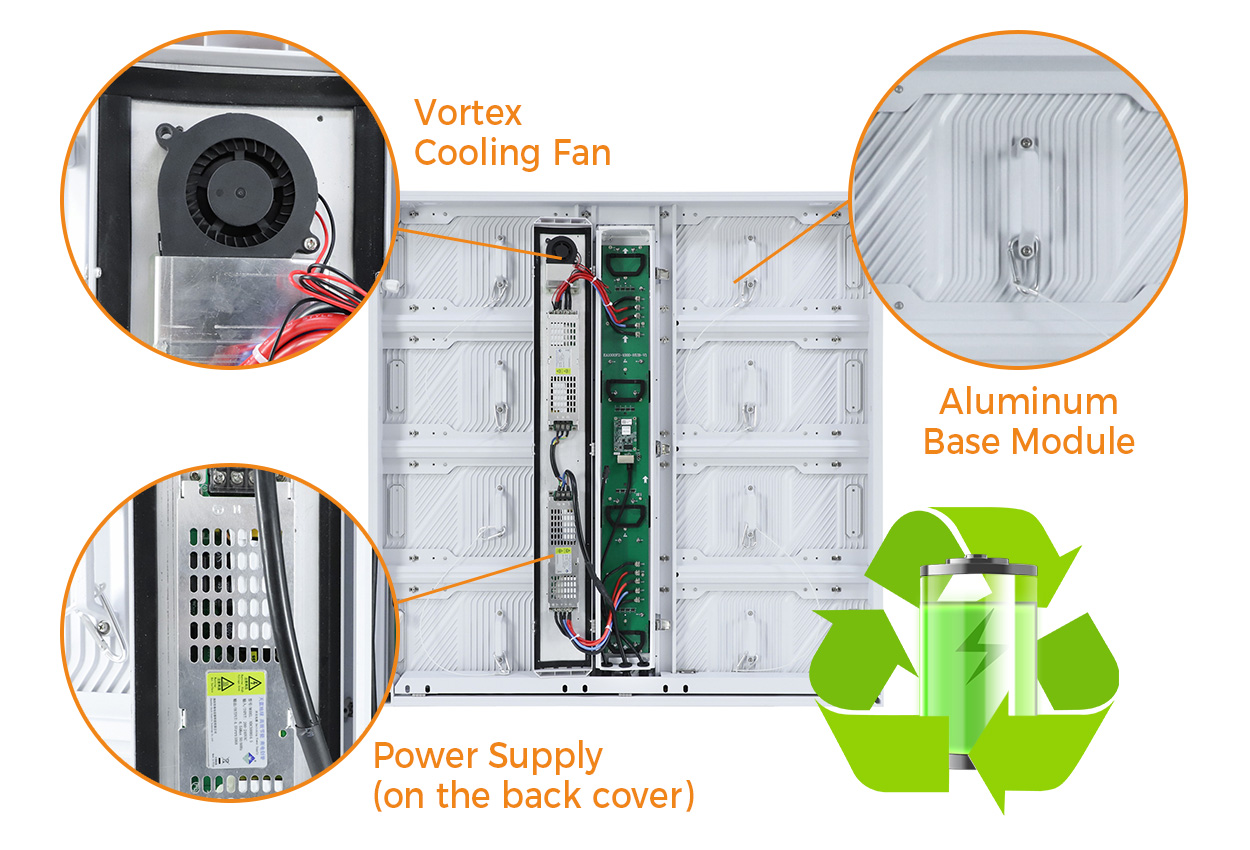 EA1000F2 cooling system with aluminum module base vortex fan and power supply