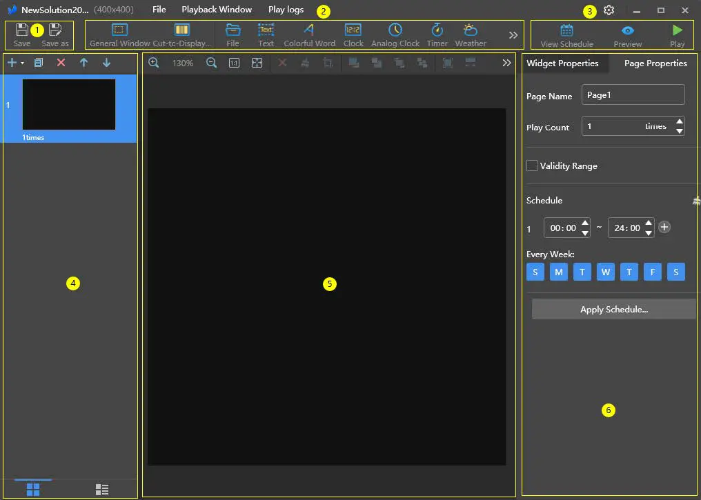 ViPlex Express Studio mode plan editing page with media widgets such as files text and clocks