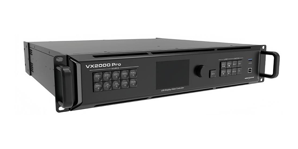 VX2000 Pro LED display controller front panel with keypad, LCD screen and rack-mount housing