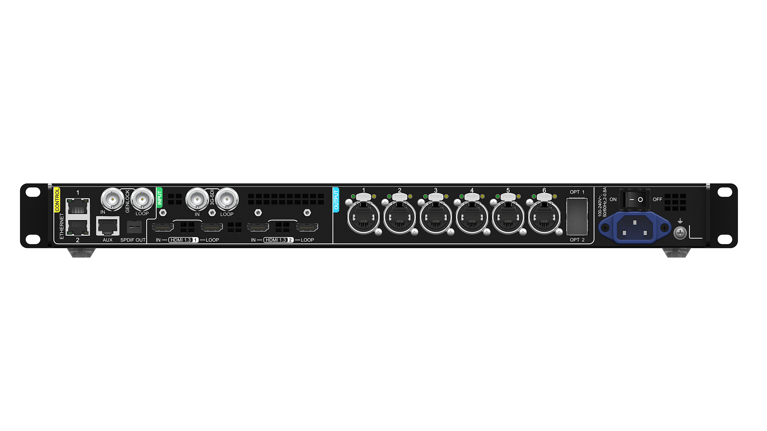 Front view of a rack mount AV server with multiple circular connectors labeled INPUTOUTPUT HDMI ports and loop outputs plus Ethernet and USB ports and a blue power inlet on the right side