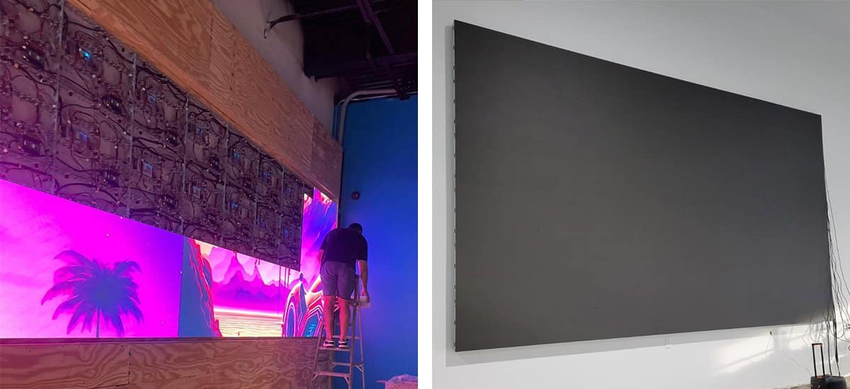 Indoor direct-view LED wall during module installation and after assembly