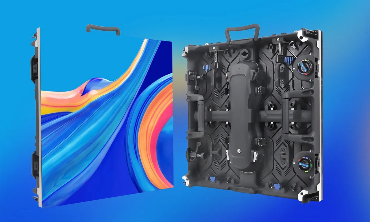 Front and rear views of a modular LED display cabinet with handles and locking hardware
