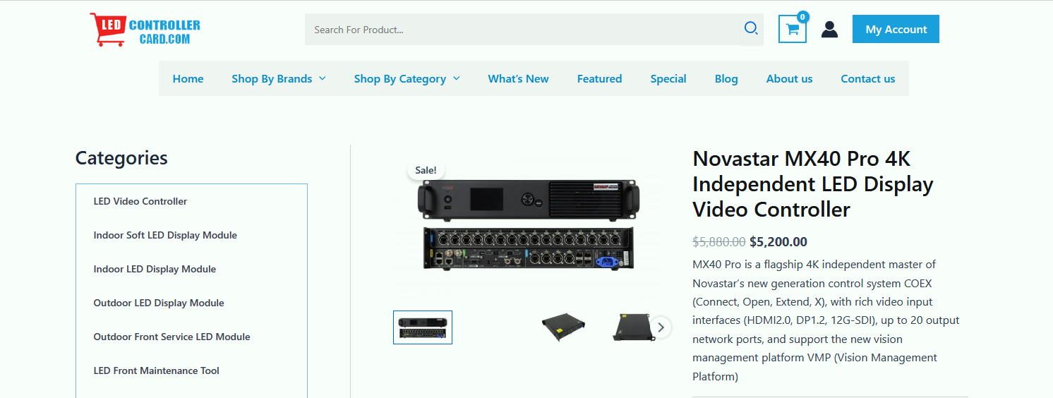 Novastar MX40 Pro 4K LED video controller on a product listing page with a sale badge and thumbnails nearby