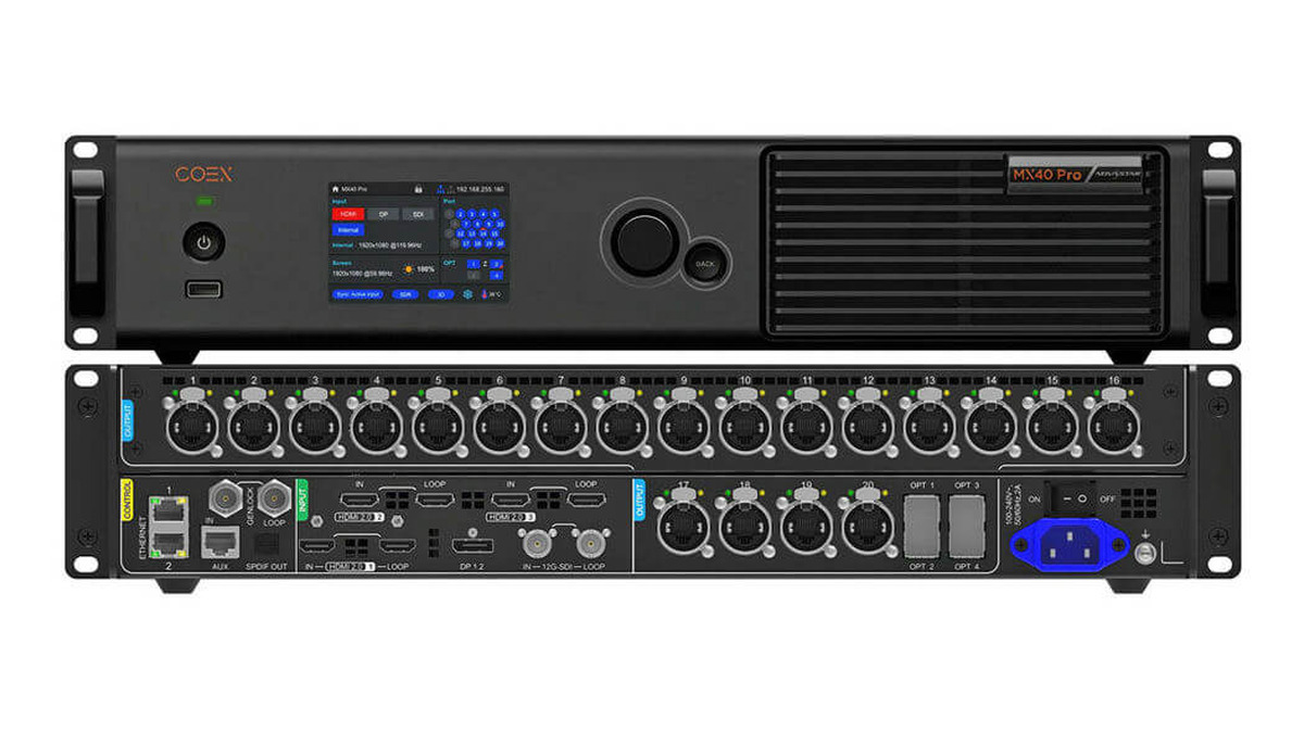 Front and rear views of the NovaStar MX40 Pro LED display controller showing the control panel and 20 Ethernet outputs
