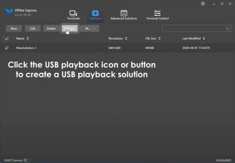 ViPlex Express USB playback dialog with the plug and play option
