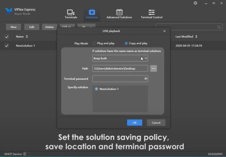 Copy and play settings with save policy and terminal password in ViPlex Express
