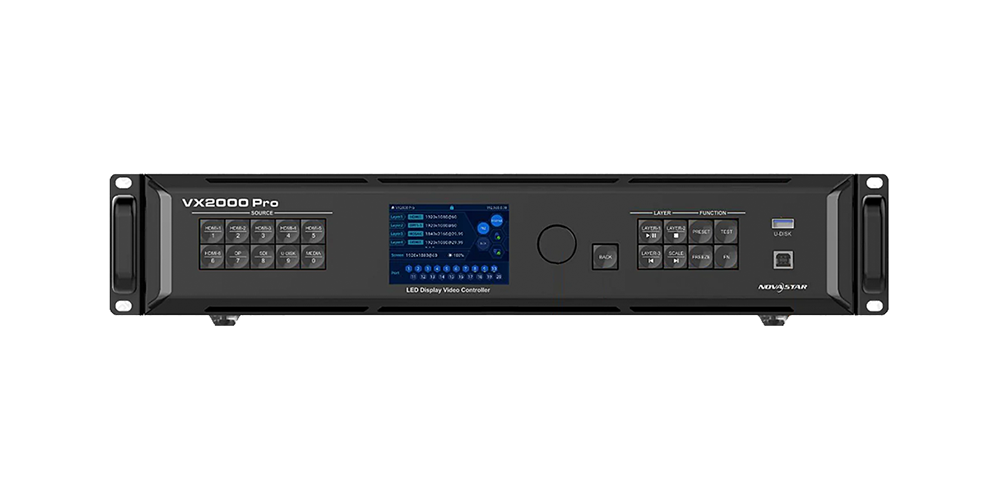 Front view of a rackmount VX2000 Pro LED display video controller with control panels on both sides and a central blue screen