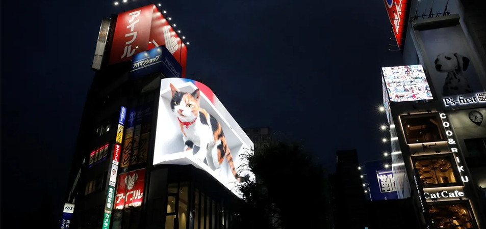 3D billboardCross Shinjuku Visions Giant Cat LED Display Manufacturer in China HonghaiLED Nighttime urban street with a large illuminated cat billboard on a building and neon signs outside