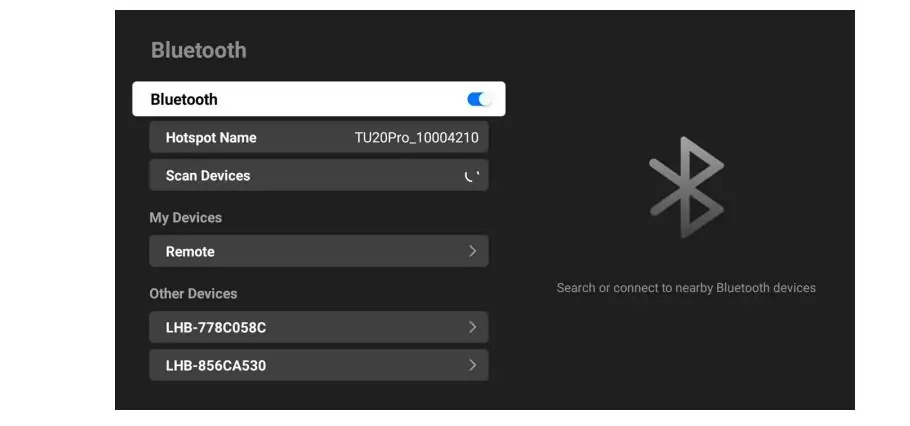 Bluetooth settings on the NovaStar TU15 Pro showing hotspot name scan devices and paired devices