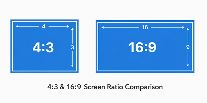 aspect ratio1 LED Display Manufacturer in China HonghaiLED 4:3 and 16:9 screen rectangles with width and height arrows