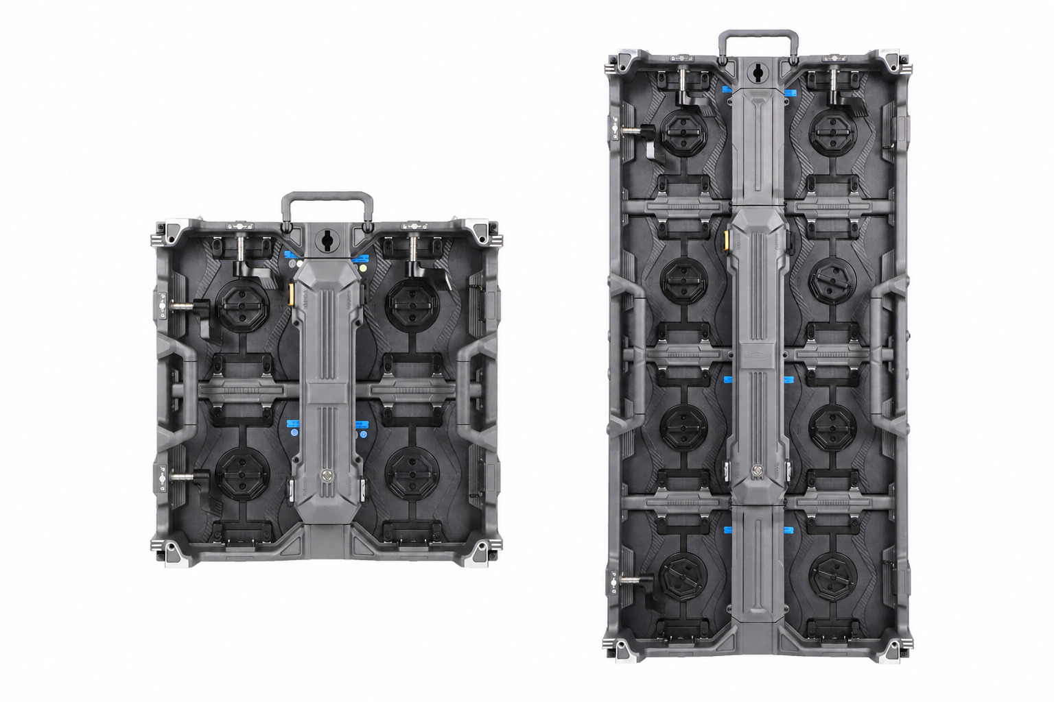 Rental LED Display Cabinet 500 × 1000 500×500 LED Display Manufacturer in China HonghaiLED Two modular battery packs for a data center UPS shown from front and side views with gray casings black circular terminals and blue labeling areas