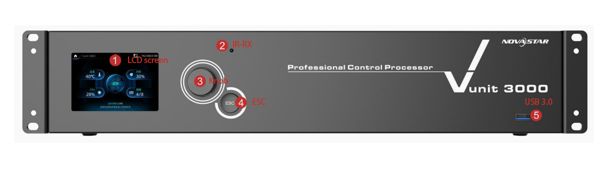 NovaStar Vunit 3000 control processor front panel showing the LCD status screen control knob ESC key and USB port