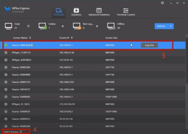 ViPlex Express device list with refresh by IP address connect and DHCP service options