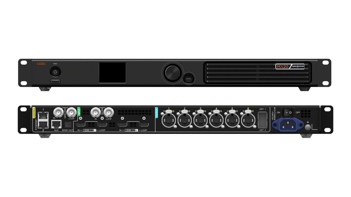 Front and rear views of the NovaStar MX20 LED display controller showing six Ethernet and two optical outputs