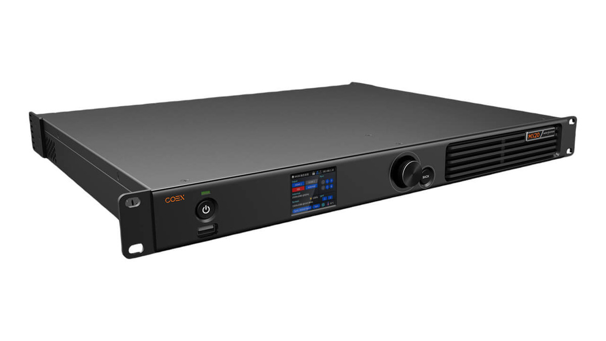 Angled front view of the NovaStar MX20 LED display controller in a compact 1U rack mount chassis