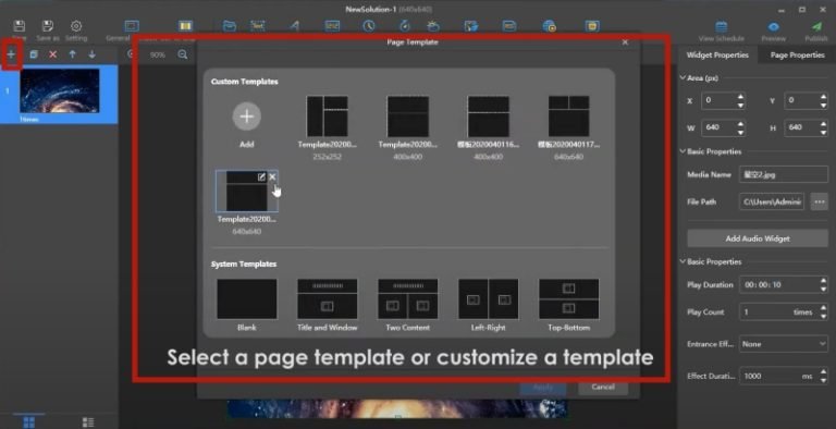 Selecting a page template for a ViPlex Express playback solution