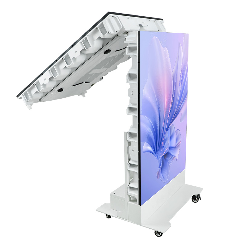 Portable LED display mounted on a wheeled tiltable stand for mobile signage