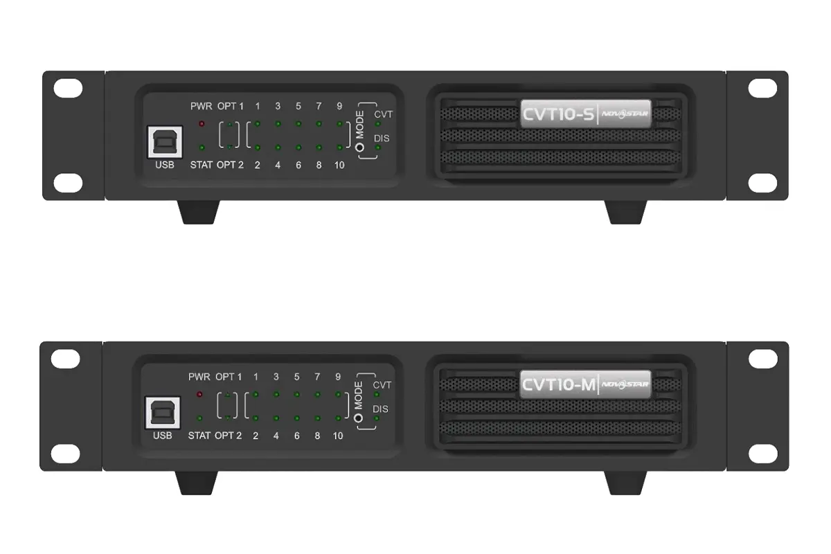 NovaStar CVT10 fiber converter front panel with PWR, STAT, OPT and Ethernet indicators