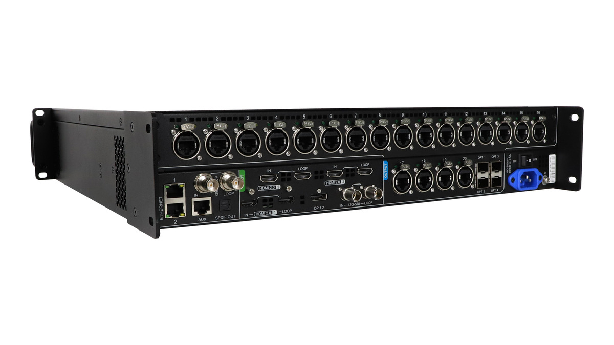 Angled rear view of the NovaStar MX40 Pro showing 20 Ethernet outputs HDMI 20 DisplayPort 12G SDI optical and control ports