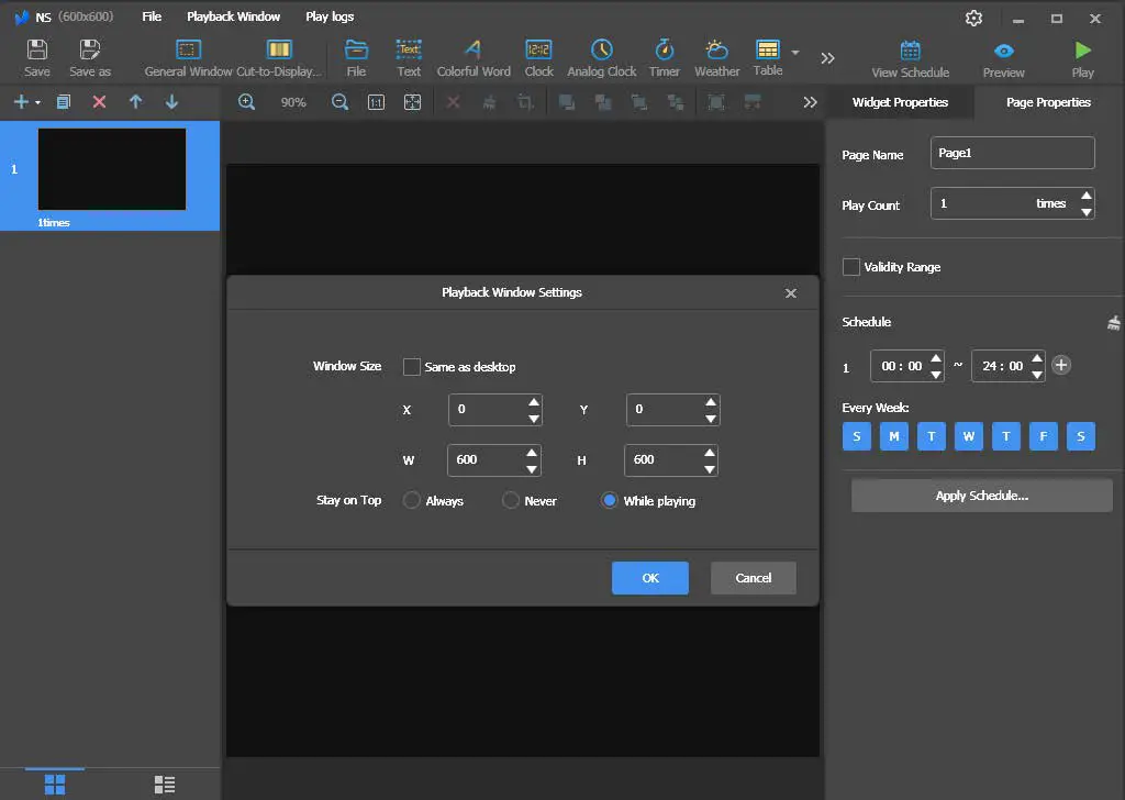 ViPlex Express Studio mode canvas size set to match the LED screen resolution