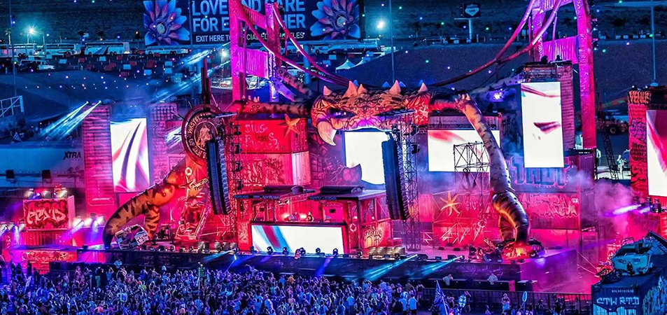 Large Stage LED Screen installation at a live concert with vertical LED panels