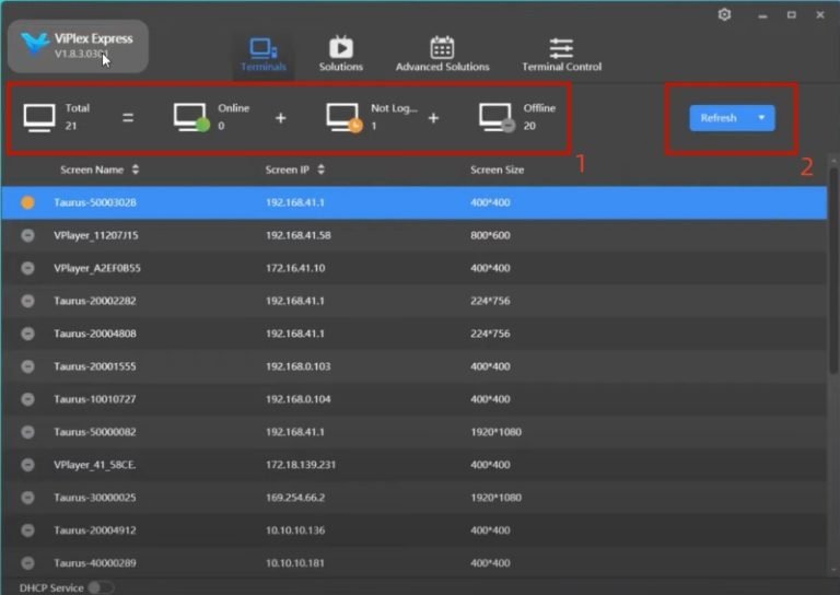 ViPlex Express device list showing total online not logged in and offline device status
